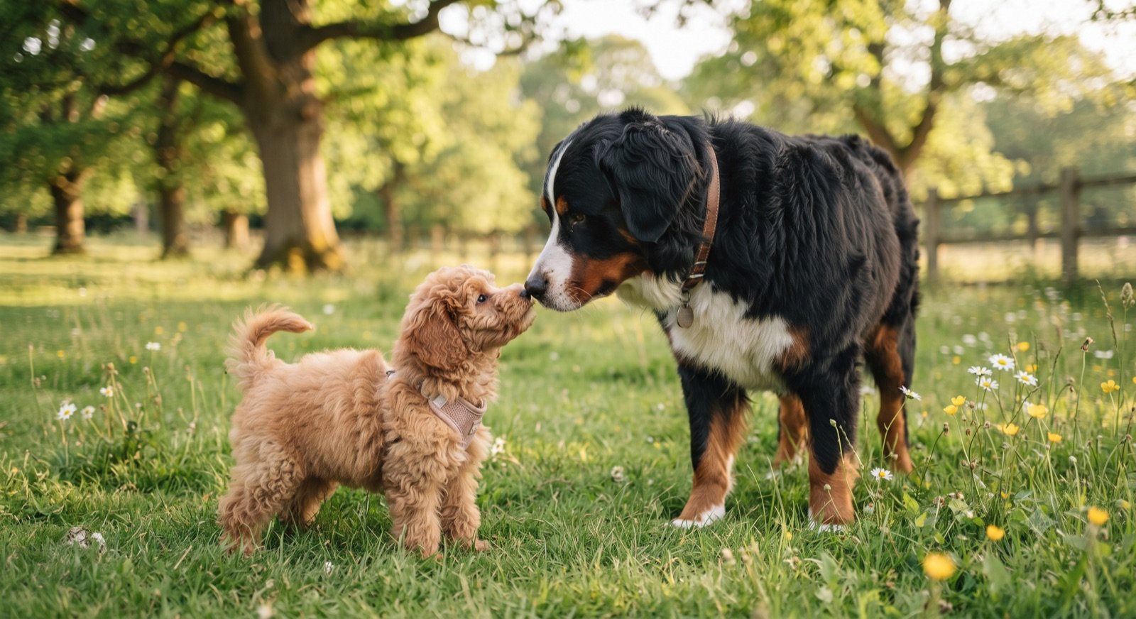 Berner Sennenhund begrüßt einen Pudel-Welpen auf einer Wiese