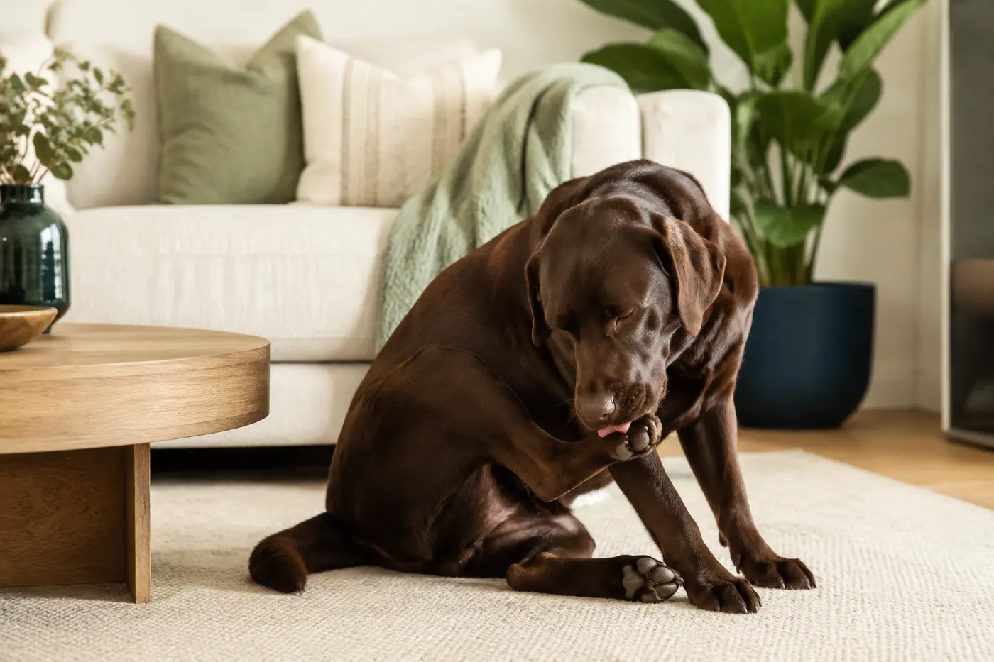 Dunkelbrauner Labrador leckt in einem ruhigen Wohnraum dezent seine Vorderpfote